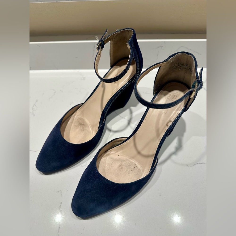 Cole Haan Navy Blue Suede Ankle-Strap Wedge Heels- size 8 - Picture 4 of 6